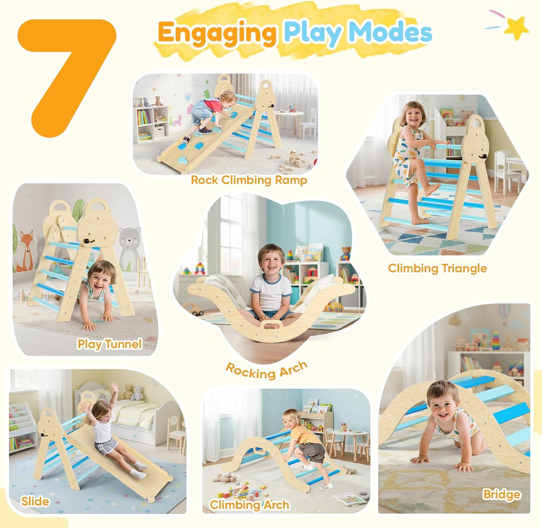 7-in-1 Montessori Klettergerüst Indoor, Kletterdreieck mit Rutsche & Kletterbogen, stabiles Holzklet