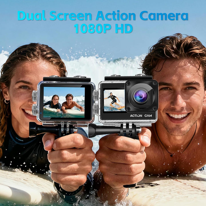 Action Cam FHD 1080P Dual-Screen Unterwasserkamera | wasserdicht bis 40M, Actionkamera mit 2×1050-mA