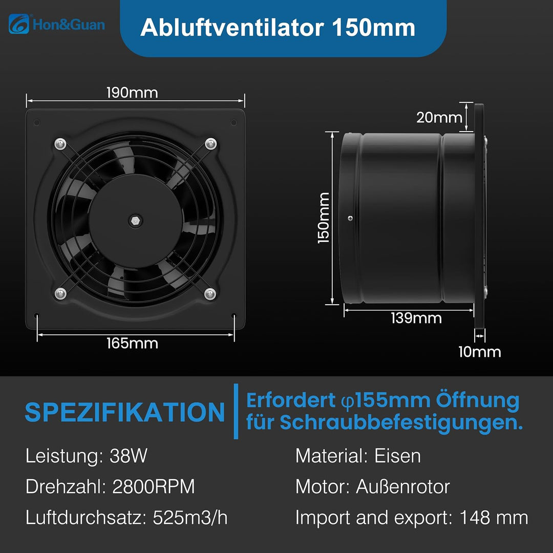 Hon&Guan Abluftventilator 150mm mit Schalter, Badlüfter Industrielle Metal 38W Aussenläufermotor Wan