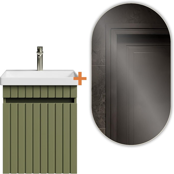 Planetmöbel Cosmia Badmöbel Set Waschbecken mit Unterschrank 50 x 60 x 35 cm Mint Grün, Spiegel mit