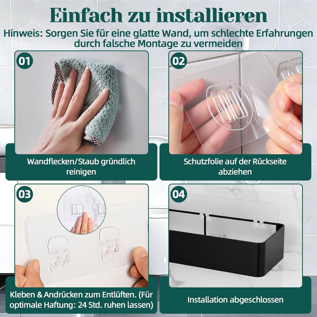 Duschablage Ohne Bohren Schwarz, 2 Stück Duschregal aus Metall mit 4 Haken - Wasserdichter, Schnellt