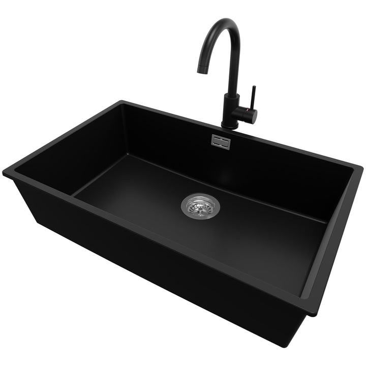 Spülbecken Schwarz 75.5 x 45 cm, Granitspüle + Siphon Klassisch + Küchenarmatur, Küchenspüle ab 80er