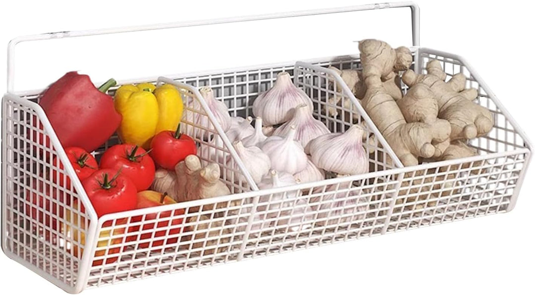 Wall Basket, 3 Compartment Onion Holder, 14.17x5.51in Wall Mounted Storage Bin, Space Saving Metal O