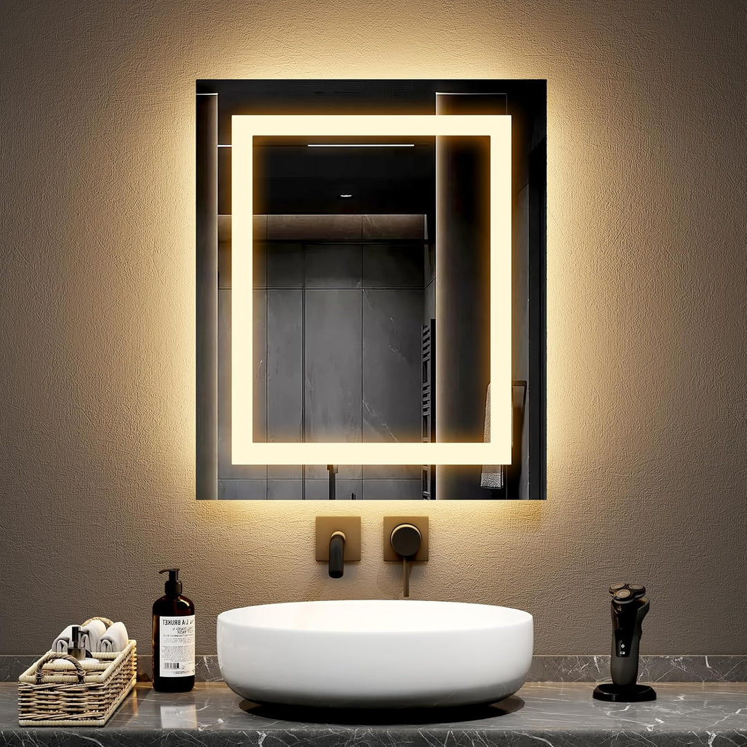 EMKE Badspiegel mit Beleuchtung 50x60cm Badezimmer Spiegel mit 2 Lichtfarbe Warmweiss/Kaltweiss, Ant