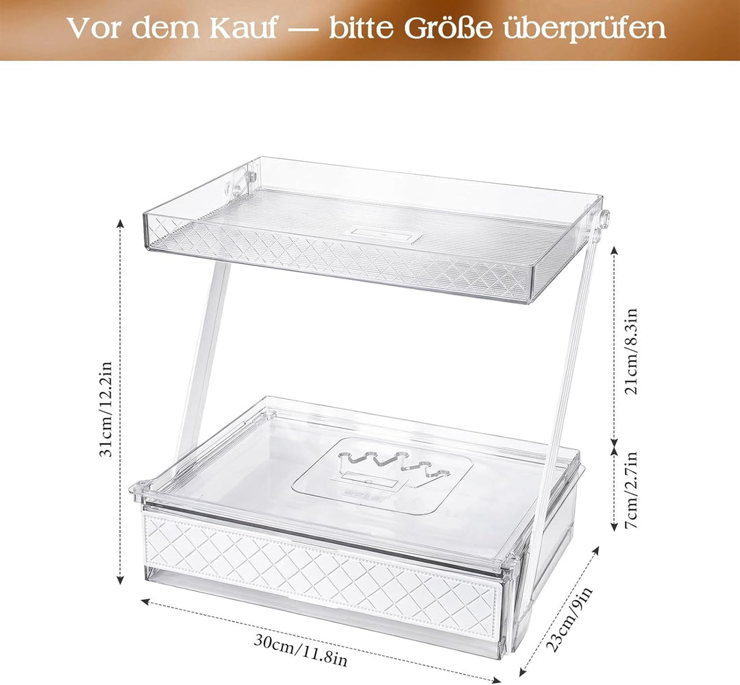 DEANIC 2-stöckiger Schminktisch Organizer aus Acryl mit Schublade & Schiebetablett – Make-up Organiz