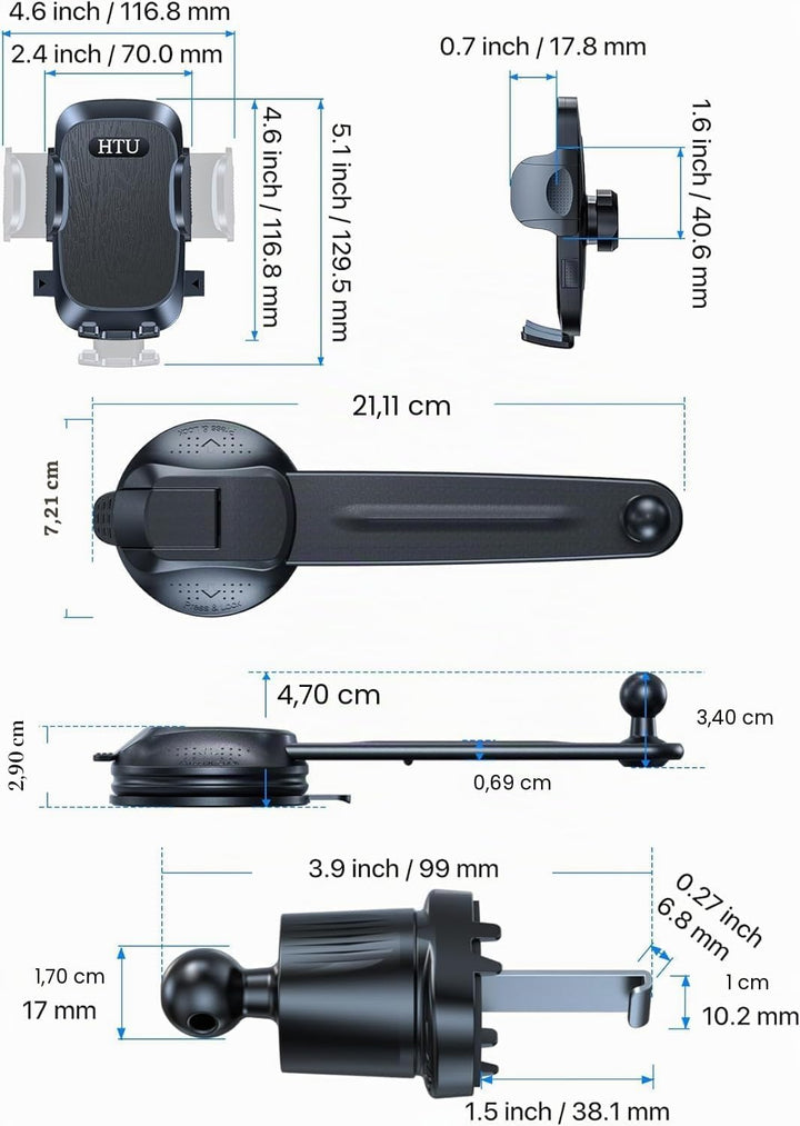 HTU 【Militär-Klasse Biegsamer Arm Handyhalterung Auto Upgrade【Stärkste Saugnapf Lüftung】 360° Drehba