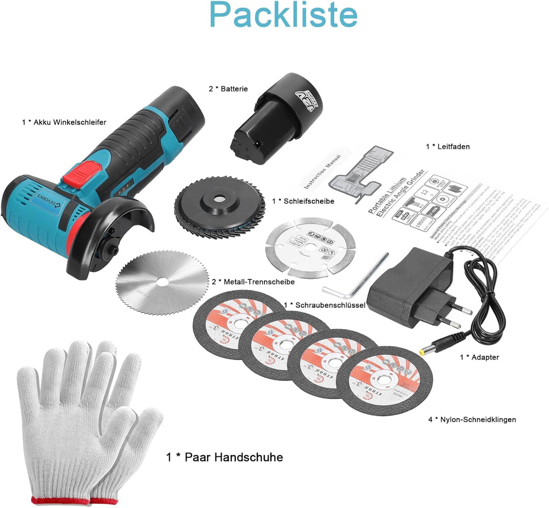 Mini Winkelschleifer,12V Akku Mini Flex 19500 rpm,Mit 2 * 2000 mAh Akku 6 Trennscheiben (76mm Durchm