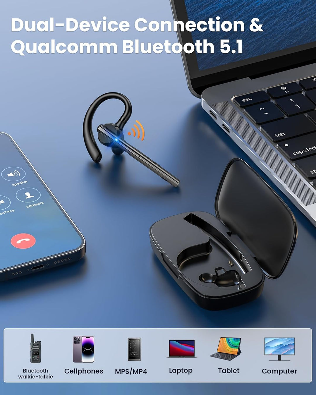 New Bee Bluetooth-Headset V5.3 Bluetooth-Freisprecheinrichtung, Dual-Mikrofon mit 500 mAh Ladehülle,