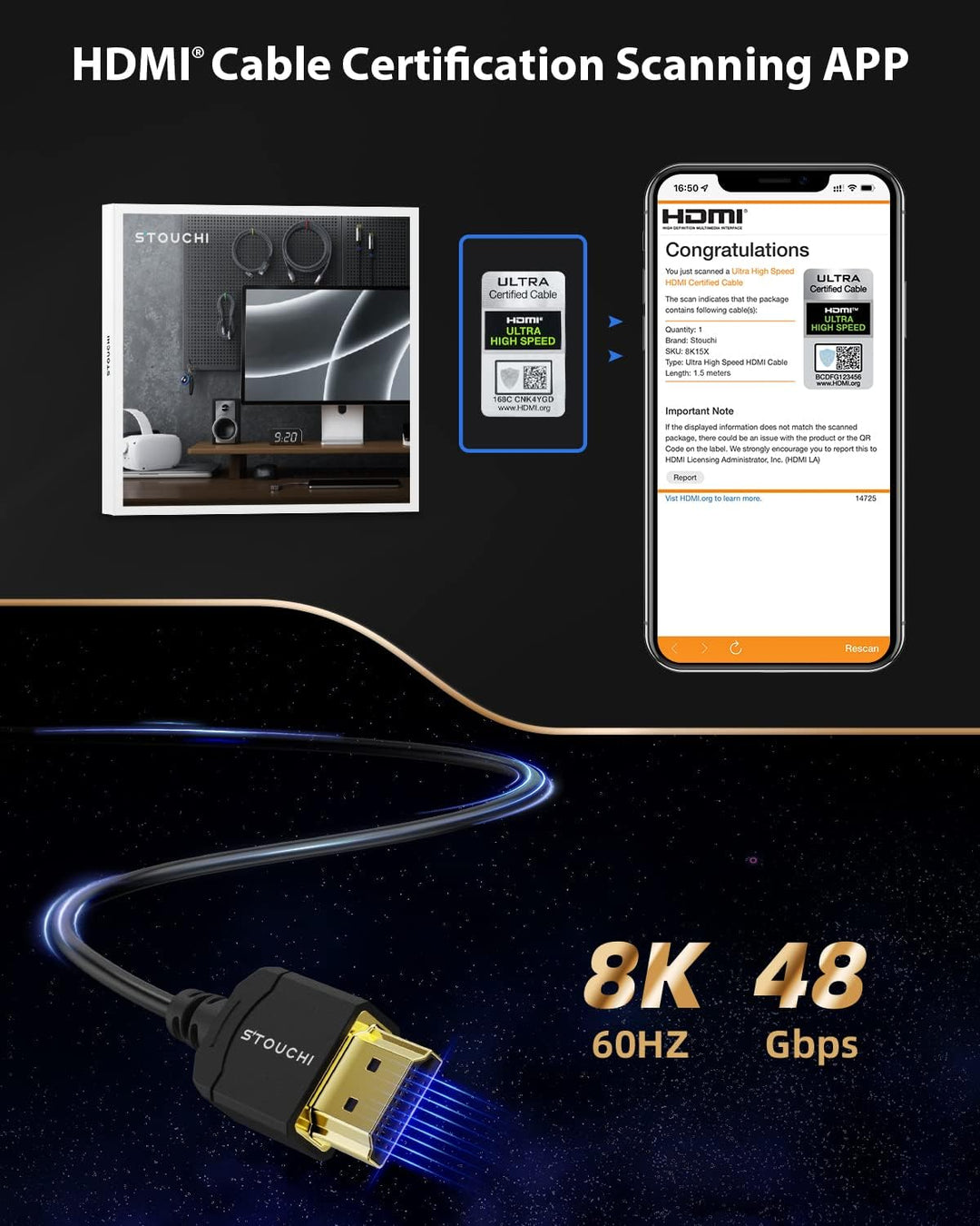 Stouchi Ultradünnes HDMI 2.1 Kabel 8K 1,5M, Hyper Slim HDMI 2.1 Kabel,Extrem Flexibles 8K HDMI Kabel
