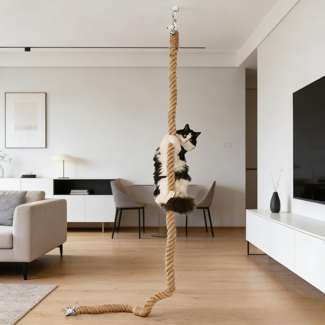 Premium Katzen-Kletterseil aus Jute | 2,05 m Länge & 4 cm Durchmesser | Deckenmontage mit Haken für