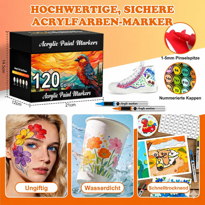 Vozuna 120 Acrylstifte Set Wasserfest – Acrylmarker mit Pinselspitze zum Steine Bemalen, für Glas, P