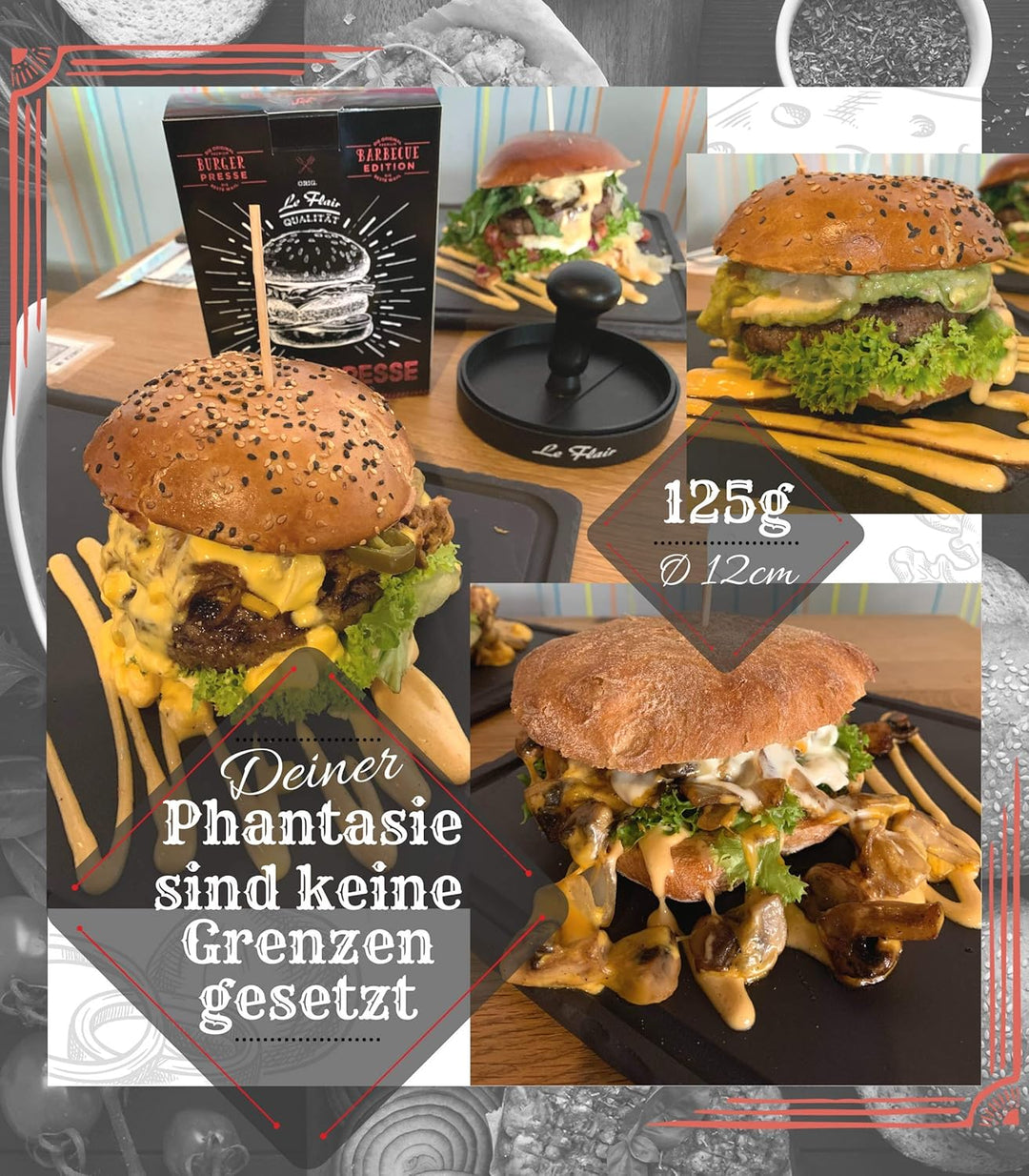 Le Flair® Alu Burgerpresse aus hochwertigem Aluminium - Hamburgerpresse mit Aufbewahrungstasche - Bu