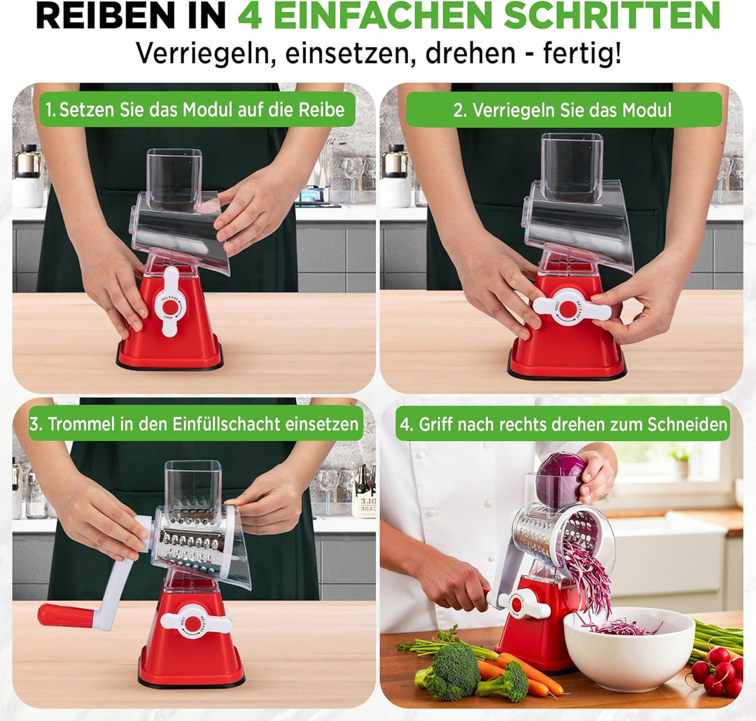 NutriChef 3-in-1 Käsereibe - mit Handkurbel – Kompakte Trommelreibe für Gemüse & Käse – 3 Schneidetr