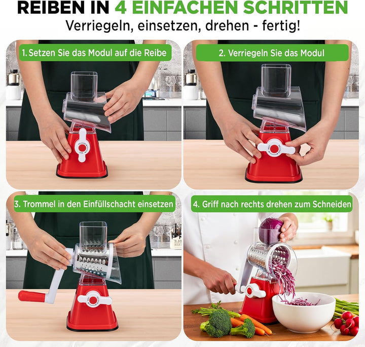 NutriChef 3-in-1 Käsereibe - mit Handkurbel – Kompakte Trommelreibe für Gemüse & Käse – 3 Schneidetr