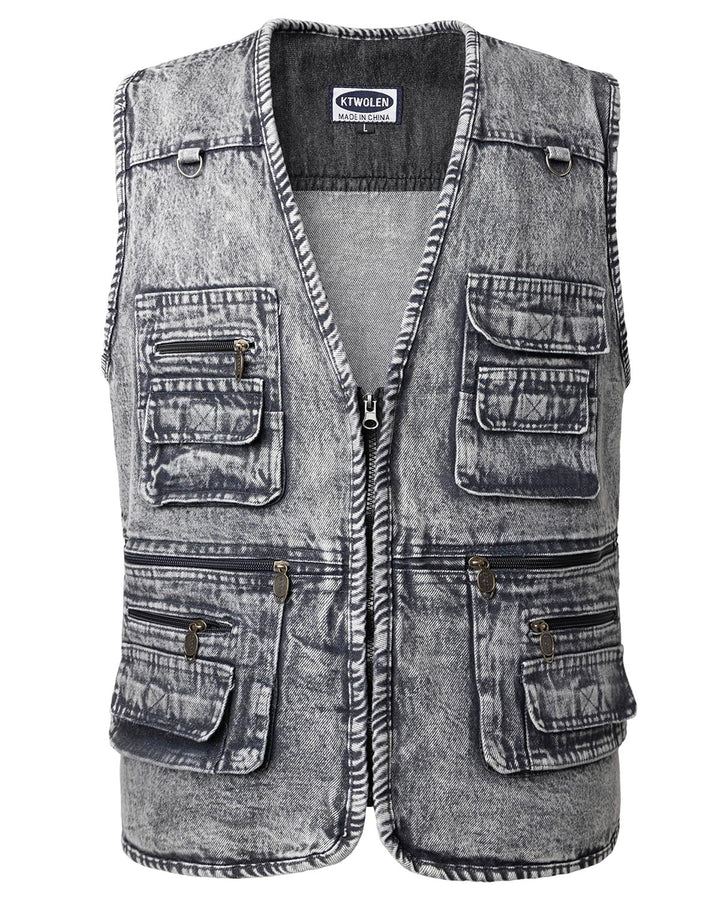KTWOLEN Herren Outdoor Weste Casual Denim Weste Multi-Taschened Motorradweste Outdoor Ärmellos Angel