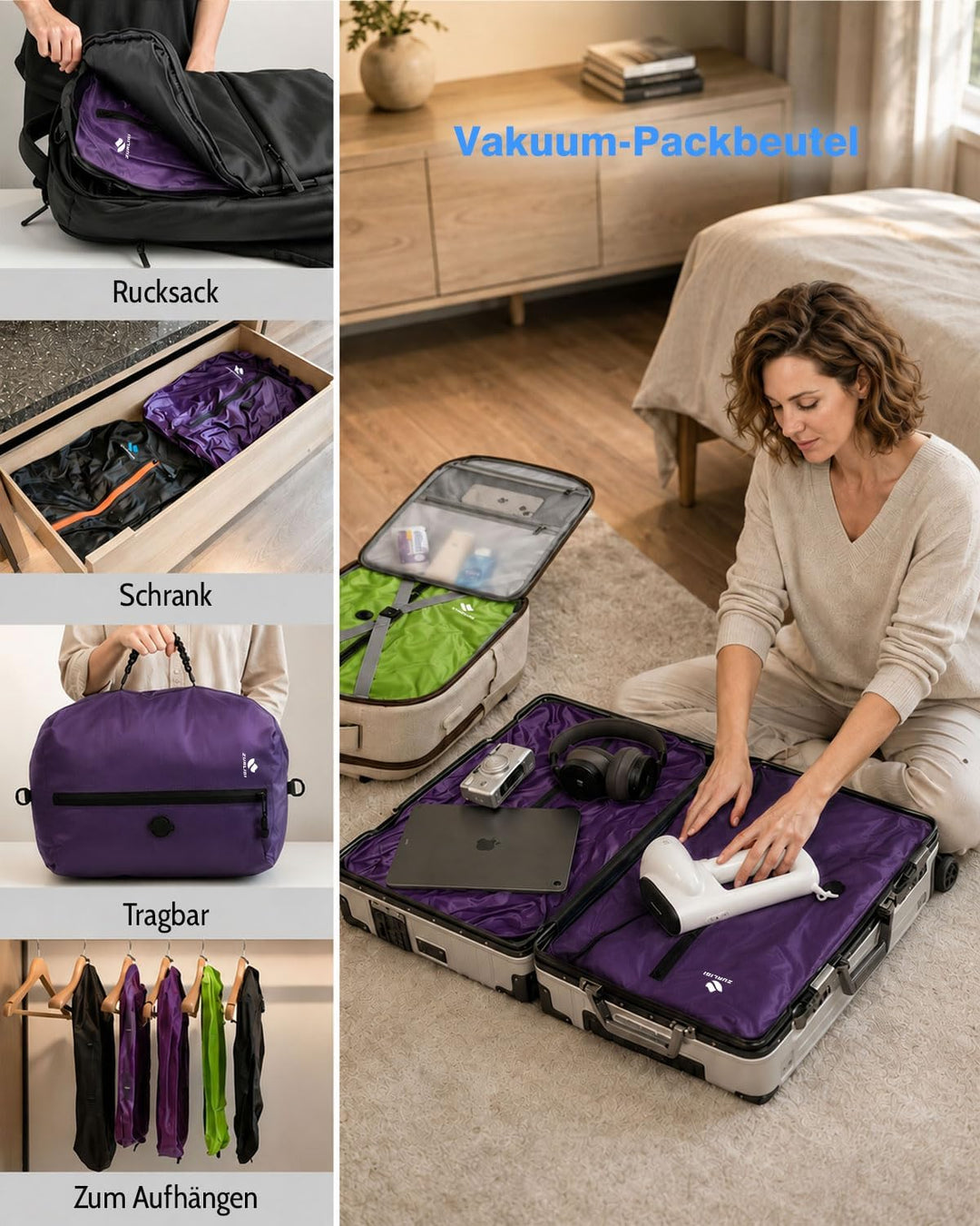 Zurligi 39L Vakuumbeutel-Reiseset mit Pumpe, Nylon, Griff, Lila, 2 Stück | Wiederverwendbare, wasser