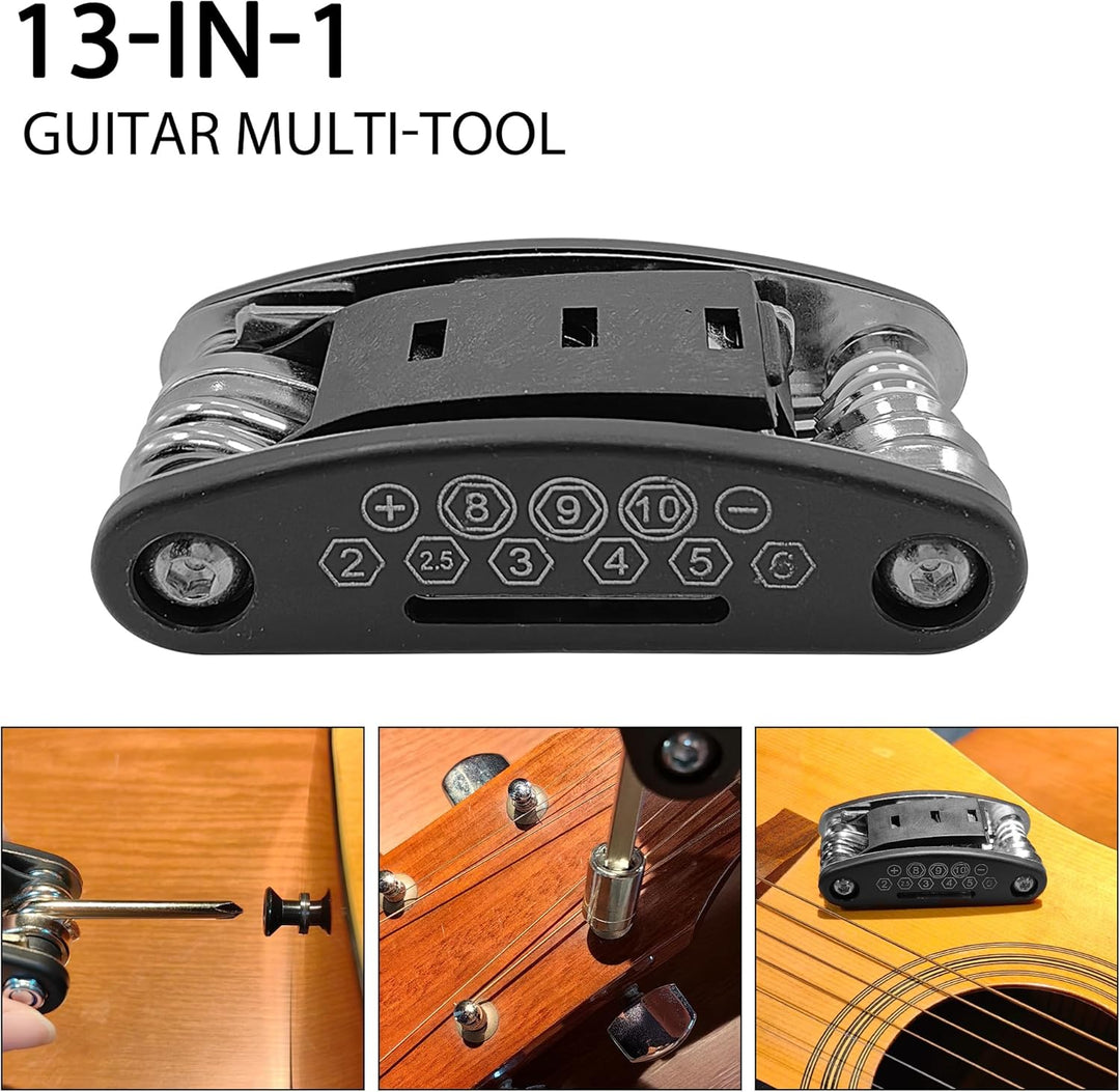 13-in-1-Gitarren-Multitool, tragbares Werkzeug für Akustikgitarre,Bass,kommt mit 6 Grössen von klapp