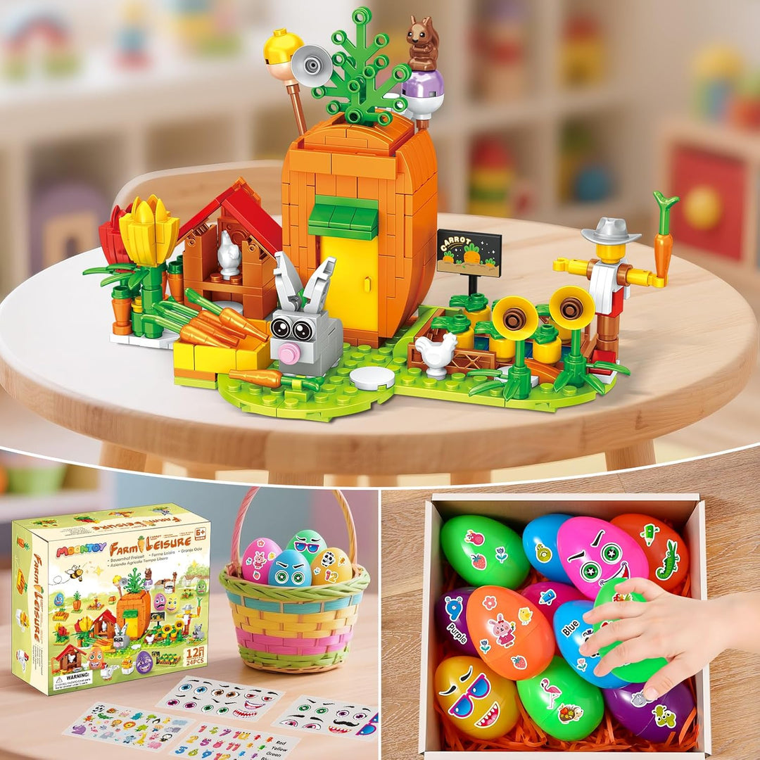MOONTOY Ostergeschenke Kinder, 12 Ostereier mit 12 Oster Bausteinsets & 4 Stickern, DIY Osternest Fü