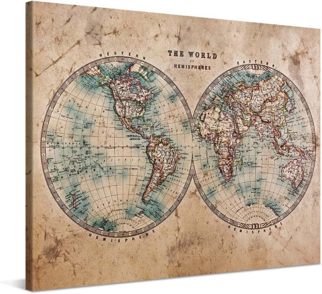 PICANOVA Weltkarte Hemisphären 90x60cm - Premium-Leinwand-Kunstdruck - Leinwand-Druck-Wand-Kunst-Dek