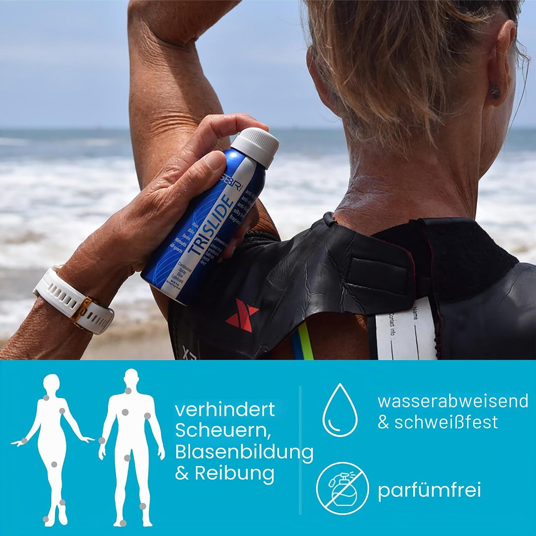 TRISLIDE - Anti Chafing Spray, Anti Friction Körperscheuerschutz für Triathlon, Anti Reiben Obersche