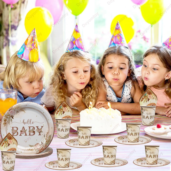 Doyomtoy Boho Baby Shower Partygeschirr,60Stück Baby Shower Papiergeschirr Set - Pappteller Papiertü