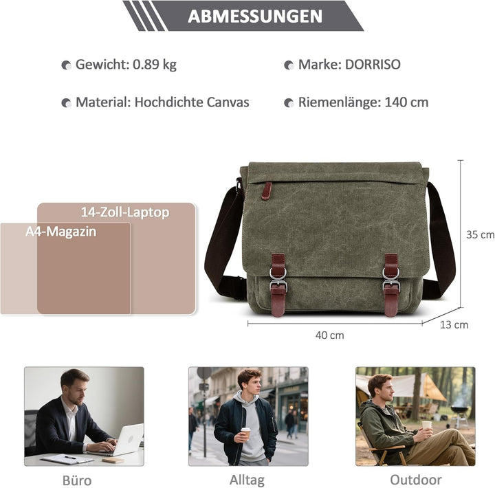 DORRISO Herren Umhängetasche Mode Schultertasche Leinwand Schultertaschen für 13.3 Zoll Laptop Kurie