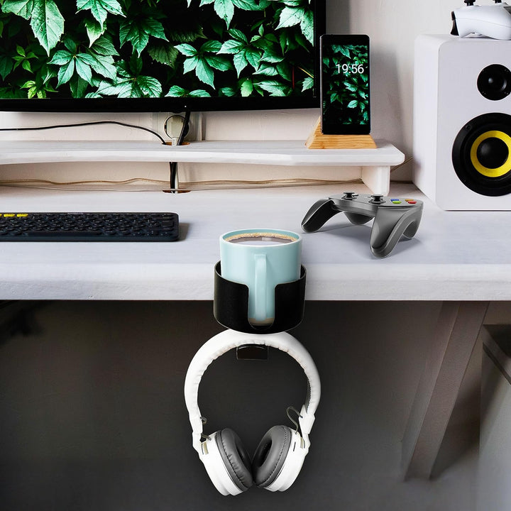 BELLE VOUS 2-in-1 Headset Halterung & Getränkehalter Tisch Set - Multifunktionaler Untertisch-Kopfhö