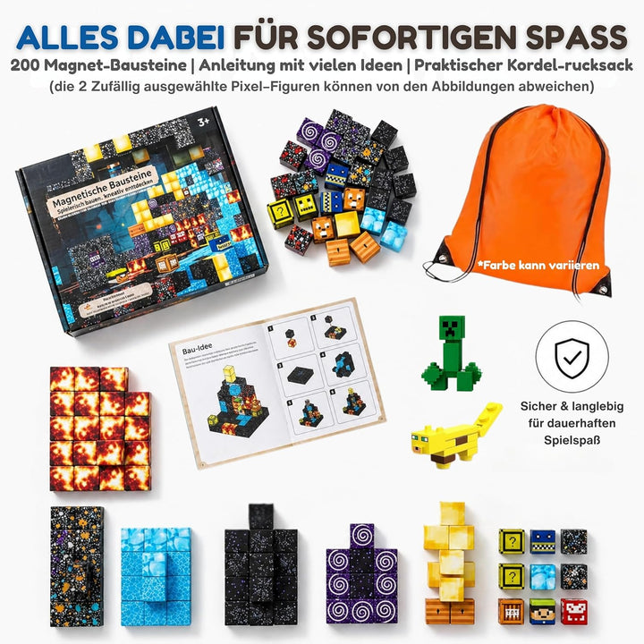 Magnetische Bausteine 200 Teile - Konstruktionsspielzeug mit Magneten ab 3 Jahren, Magnetwürfel inkl