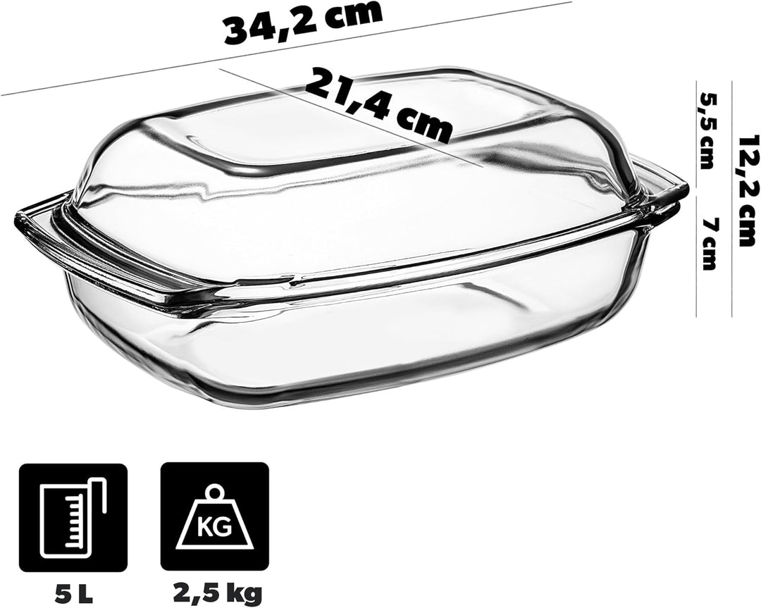 KADAX Auflaufform 5L aus hitzebeständigem Glas mit Deckel & Griffen – rechteckiges, feuerfestes Gefä