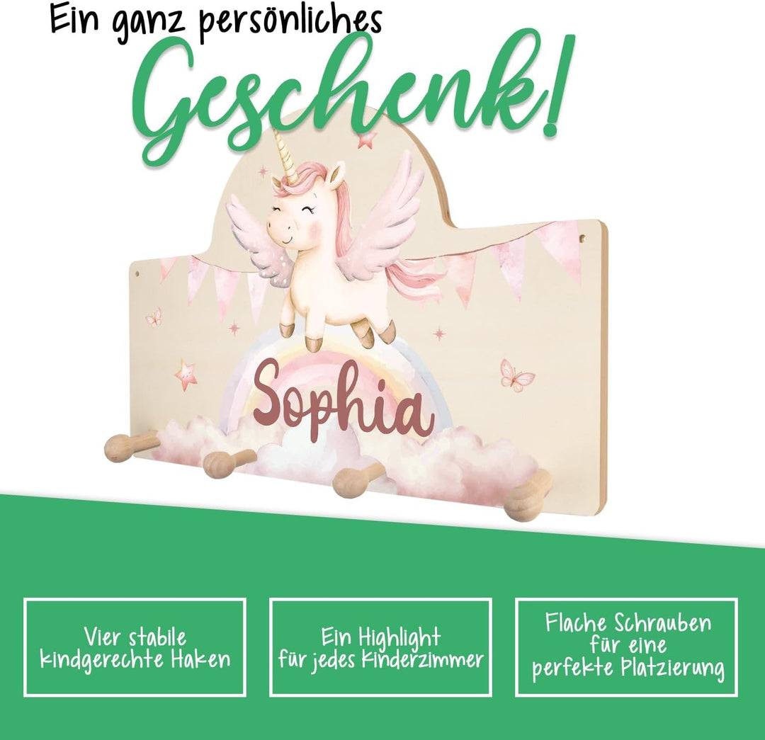 GRAVURZEILE Personalisierte Kindergarderobe - Einhorn - Personalisiert mit Name - Garderobe aus Holz