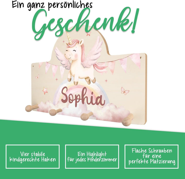 GRAVURZEILE Personalisierte Kindergarderobe - Einhorn - Personalisiert mit Name - Garderobe aus Holz