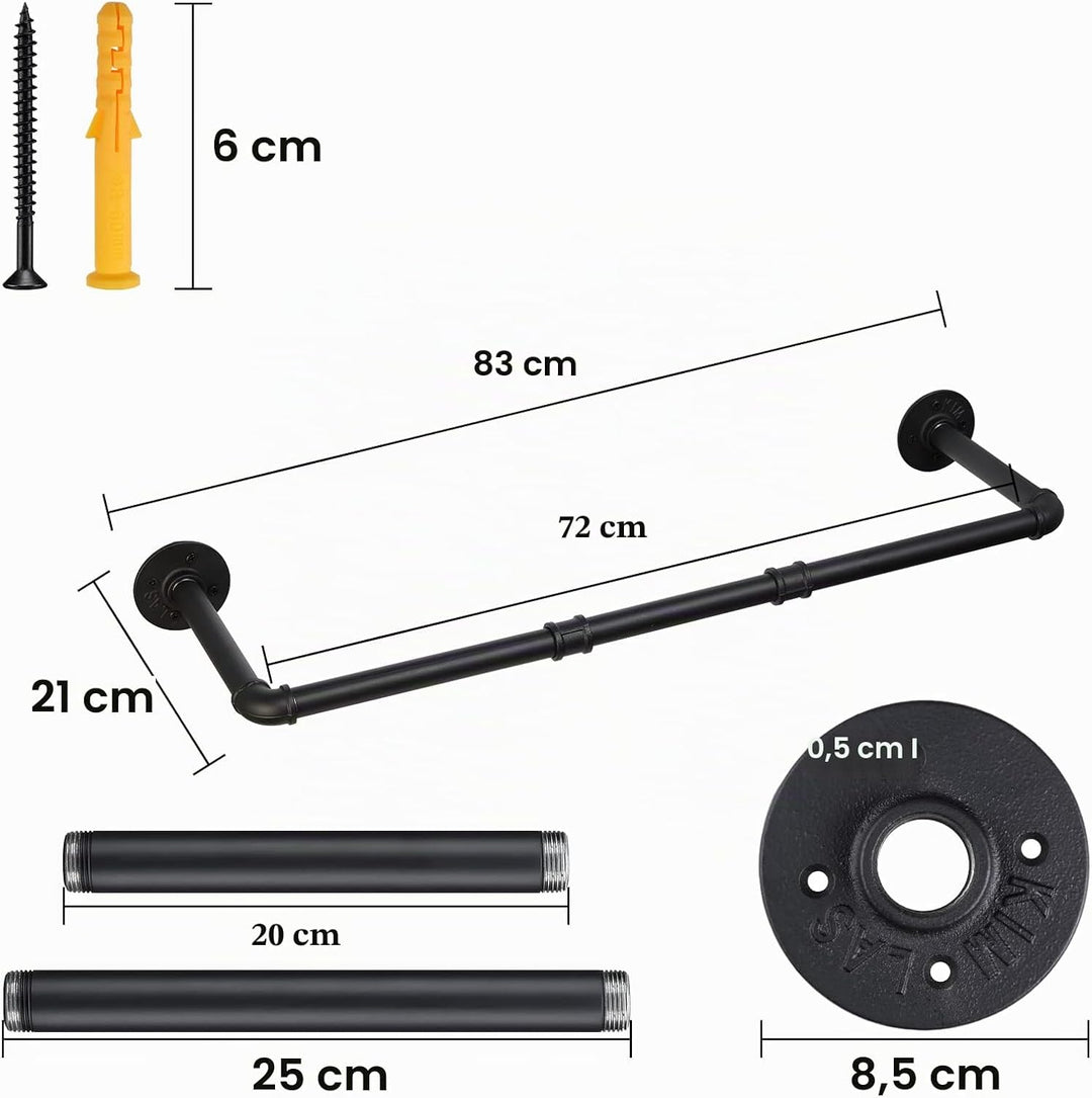 Kleiderstange Wandmontage 70cm, Wand Industrierohr Garderobenstange Metall für Kleiderbügel, Schwarz