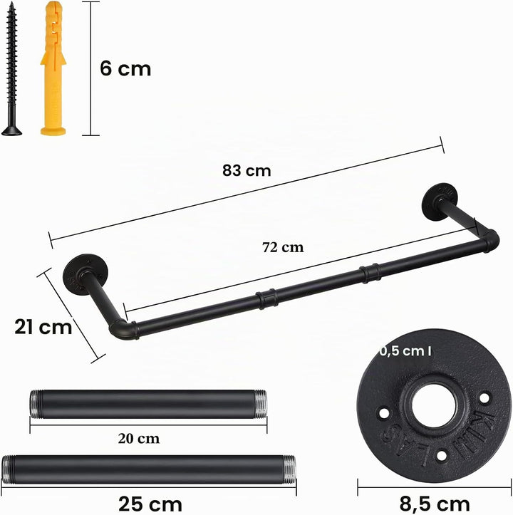 Kleiderstange Wandmontage 70cm, Wand Industrierohr Garderobenstange Metall für Kleiderbügel, Schwarz