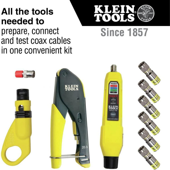KLEIN TOOLS Koax-Installations- und Kabeltest-Set mit Crimpzange, Abisolierer, Tester und F-Steckern