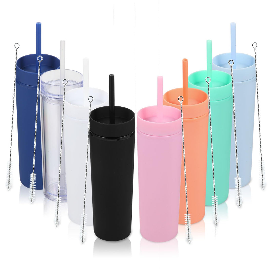 Volhoply 480ml Kunststoff Skinny Becher Mit Deckel und Strohhalm Bulk 8 Pack, Isoliert Doppelwand Bp