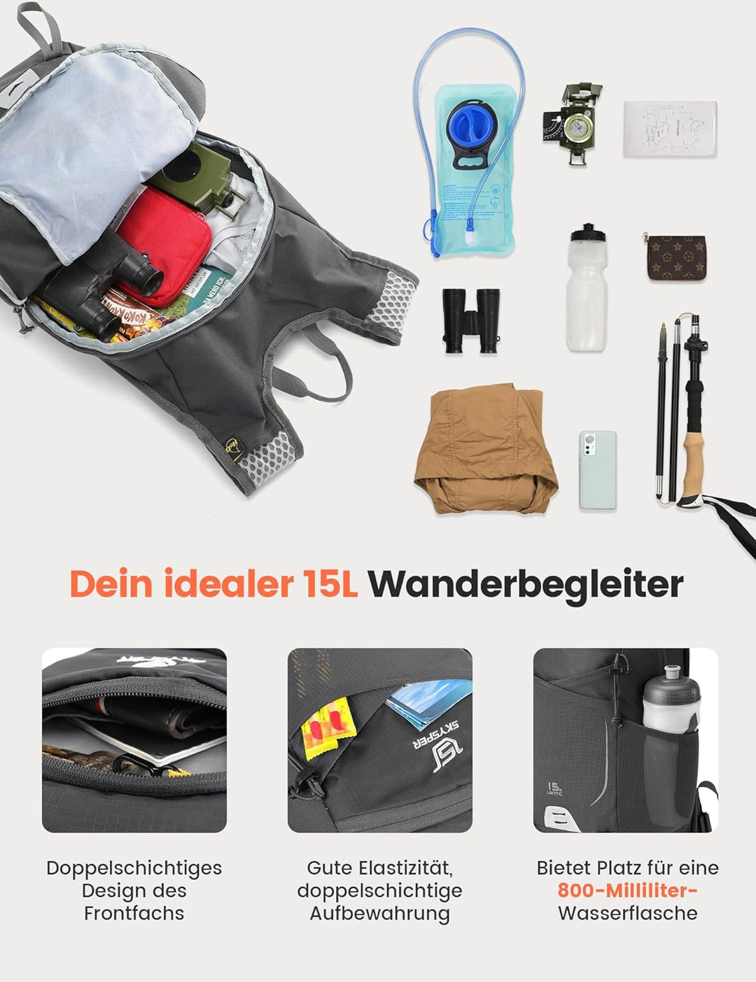 SKYSPER 15L Wanderrucksack für Herren und Damen klein Trekkingrucksack mit Netzrücken Atmungsaktiv f