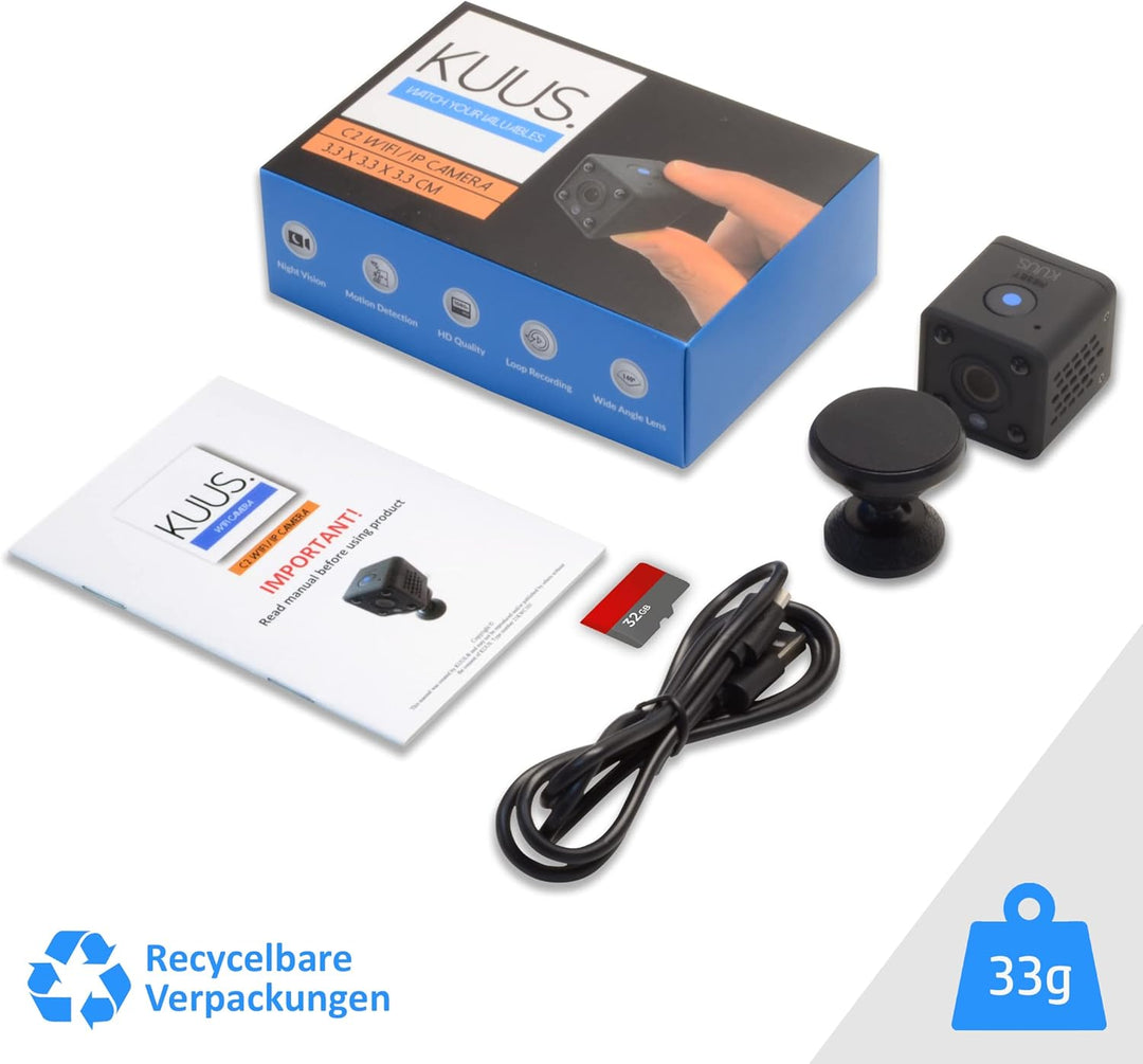 KUUS C2 Mini Kamera mit Bewegungsmelder: kompakte und mini Überwachungskamera innen, mini Kamera liv