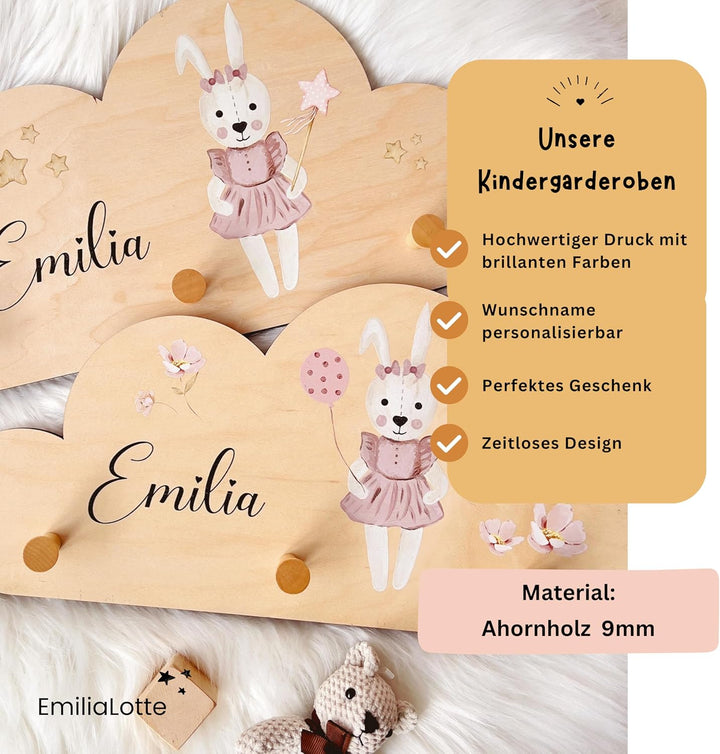 EmiliaLotte Kindergarderobe Personalisiert mit Wunschname I Garderobe Kinder aus Holz - Verschiedene