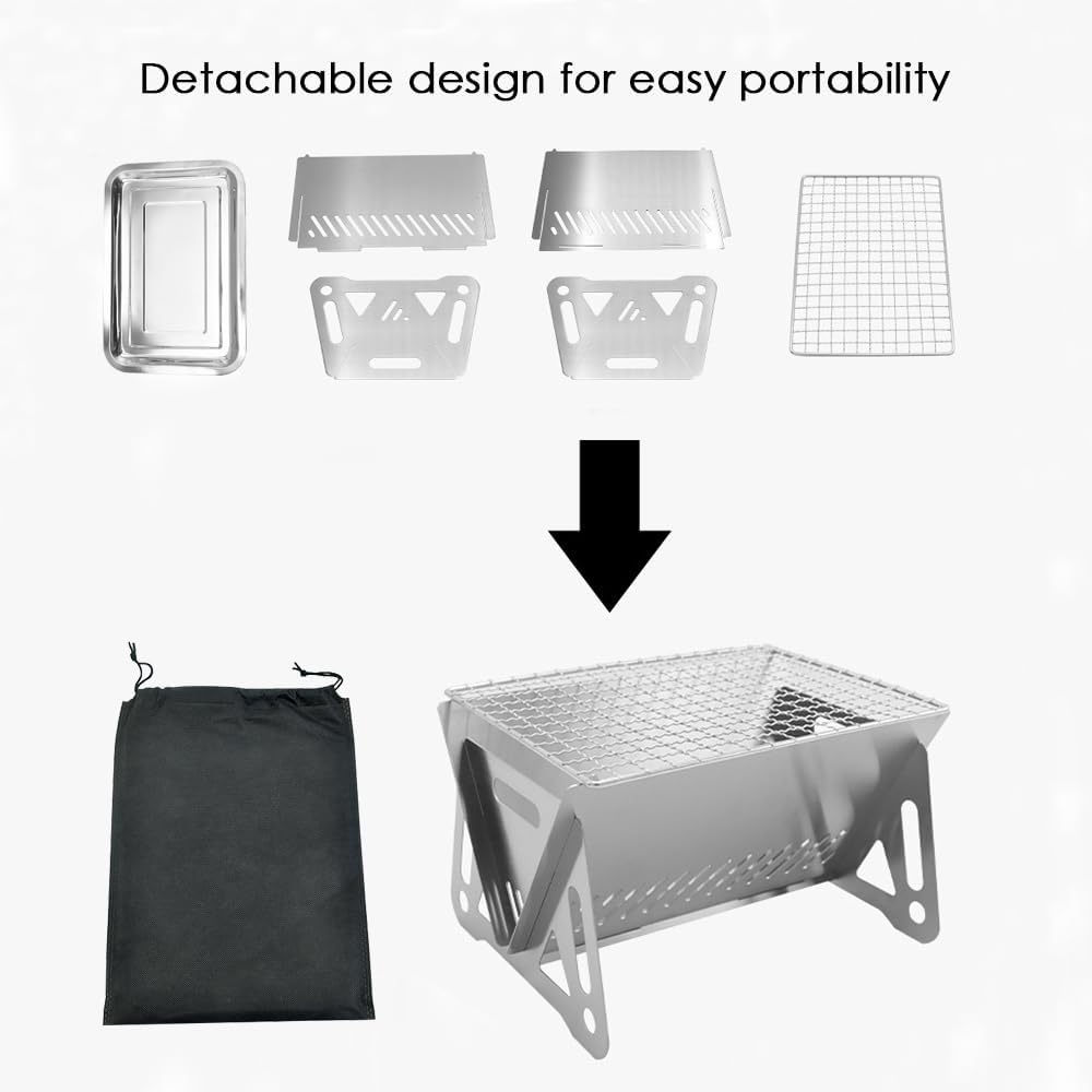 TINMIX Mini Tragbarer Holzkohlegrill Edelstahl Kleiner Klappgrill Ein-Personen-Tischgrill für Garten