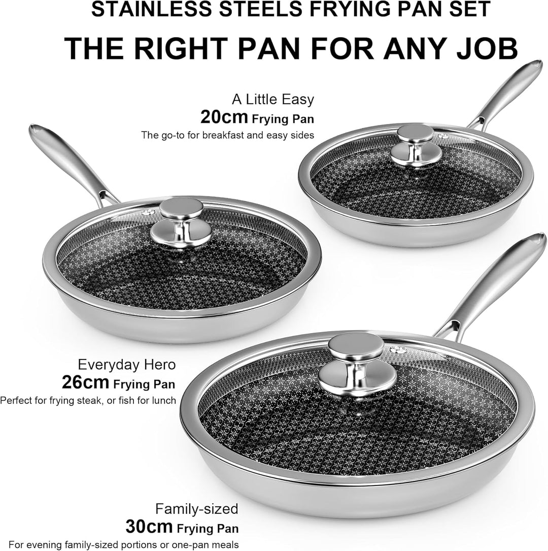 RIOVARM Edelstahl Pfannenset Induktion Antihaft Bratpfannen Set mit Deckeln 20cm 26cm 30cm Wok Pfann