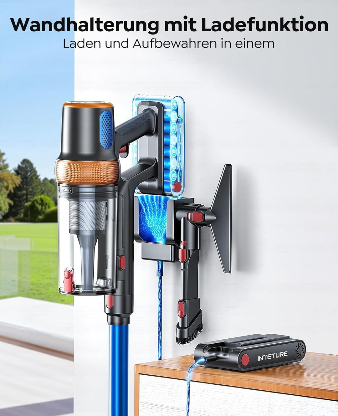 Akku Staubsauger 600W/50KPA/65Min,Selbststehender Staubsauger Kabellos mit Matratzenreinigungsbürste