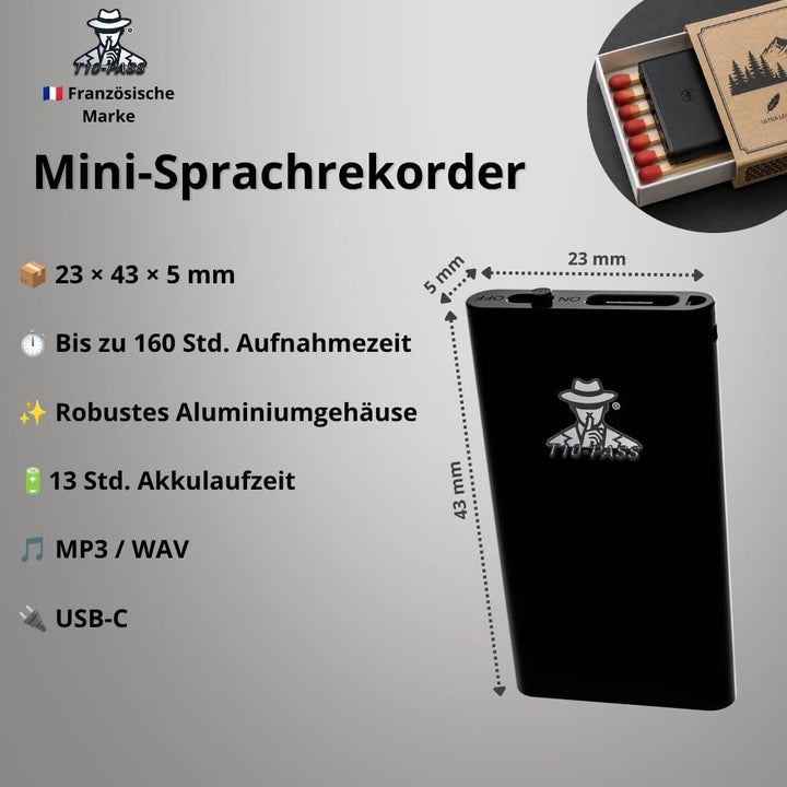 T10-PASS Mikro-Spionagegerät – Der kleinste ultra-kompakte Sprachrekorder (4 x 2 cm, 5 mm dick) – di