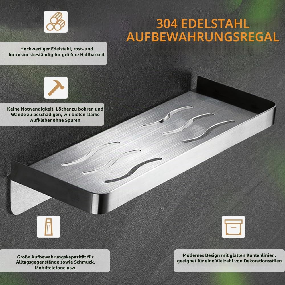 Duschablage Ohne Bohren,Gebürstet Duschregal Edelstahl mit Extra Ablaufrillen,Selbstklebendes Badezi