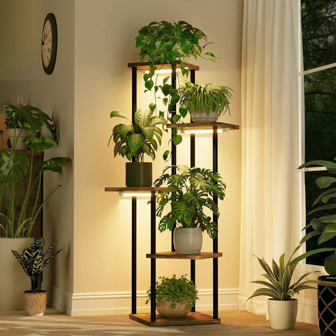 Bamworld Blumenständer mit Pflanzenlampe, 5 Ebenen Pflanzenregal Metall Holz, LED Pflanzenlicht Indo