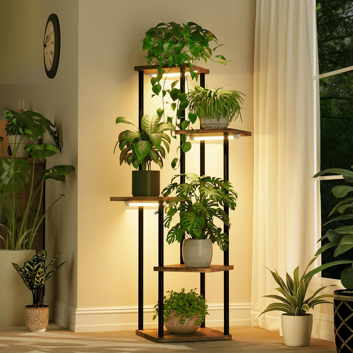 Bamworld Blumenständer mit Pflanzenlampe, 5 Ebenen Pflanzenregal Metall Holz, LED Pflanzenlicht Indo