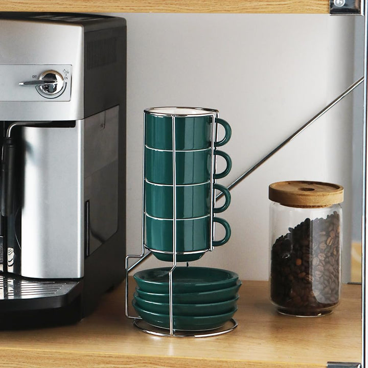 Sweejar Home Porzellan Cappuccino Tassen mit Untertassen und Metallständer, stapelbare Espressotasse