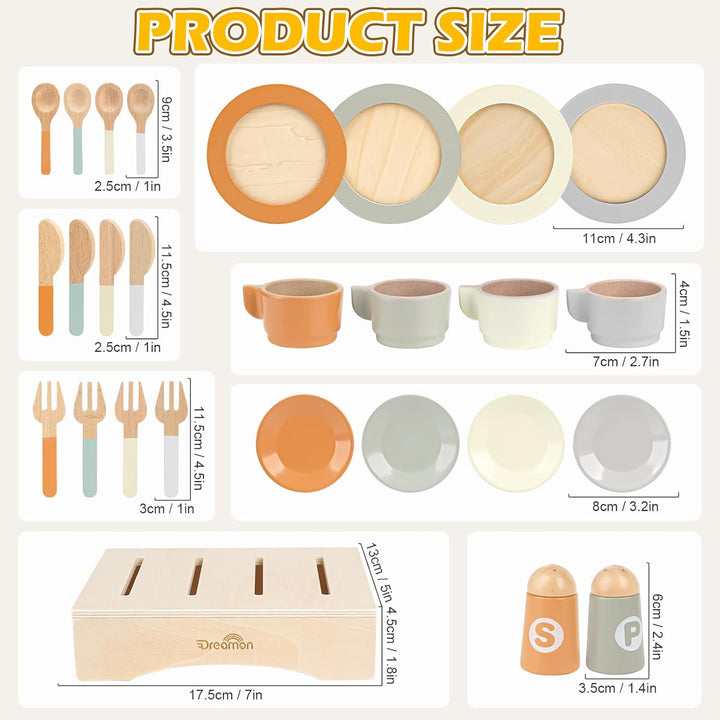 Dreamon Kinderküche Zubehör Teeservice Kinder Holz, 27 PCS Puppengeschirr Kinderküche Spielküche Zub