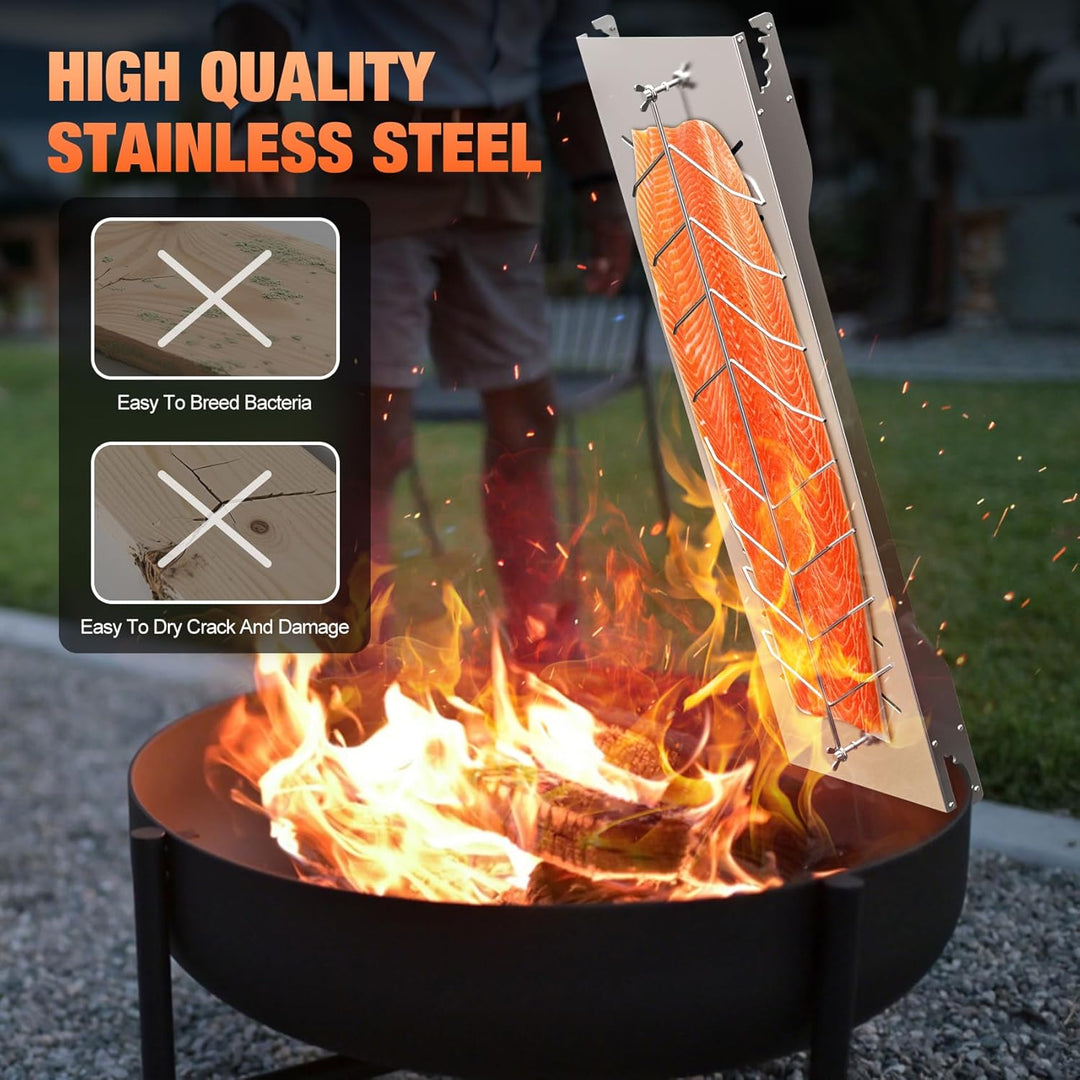 onlyfire Flammlachsbrett Edelstahl, Extra Breit 19cm Flammlachshalter, Lachsbretter zum Grillen Feue