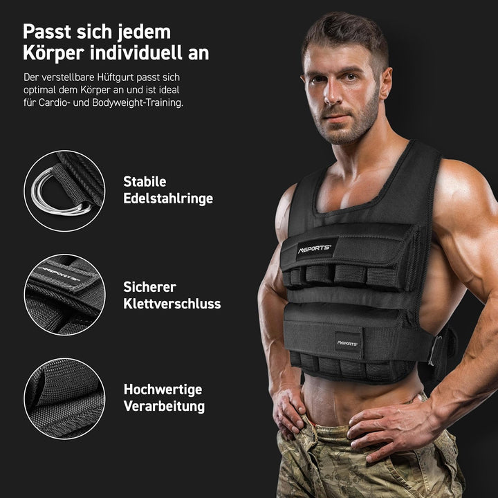 MSPORTS Gewichtsweste Premium Verstellbar von 5 kg - 30 kg Weight Vest | Laufweste Damen Herren | Fi