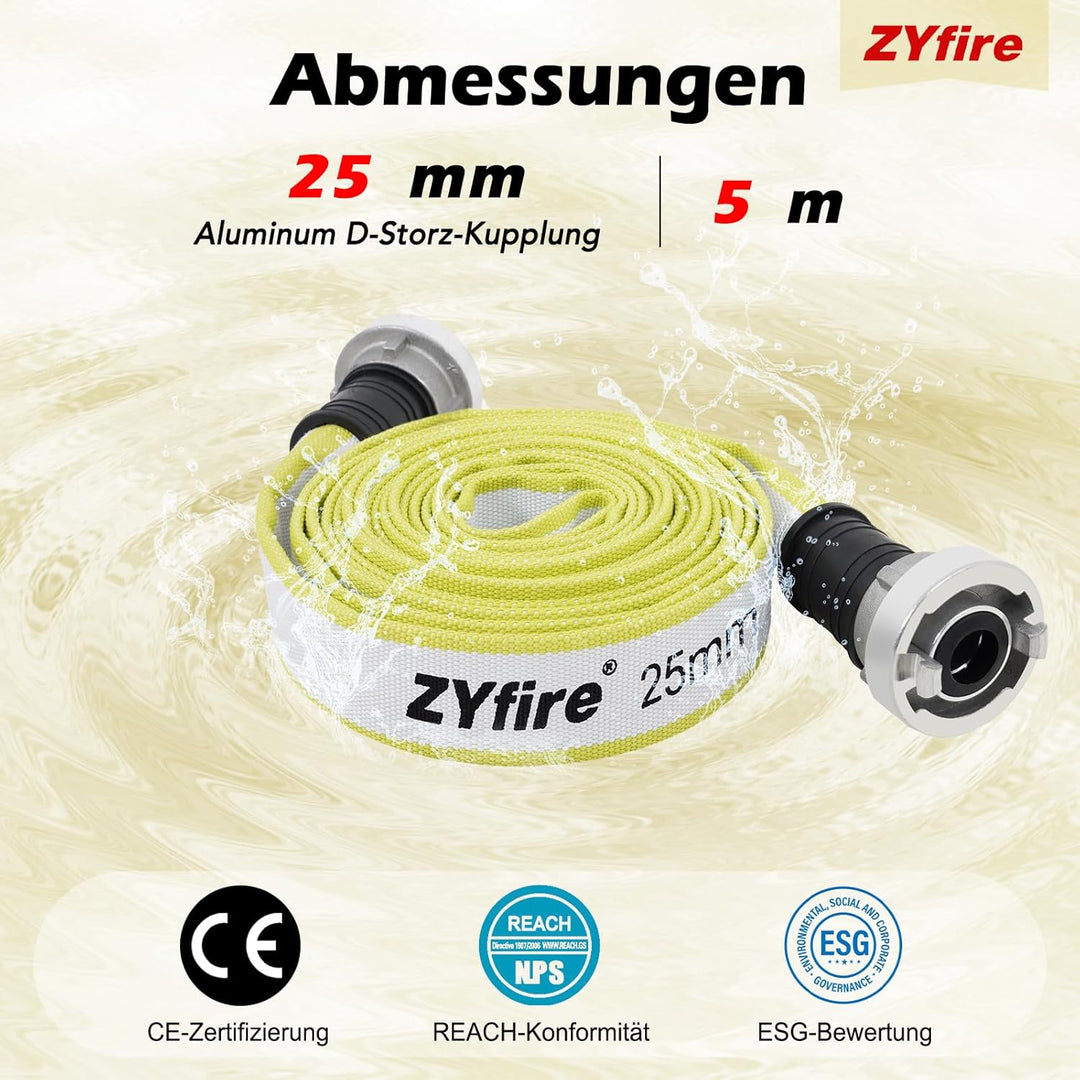 ZYfire Feuerwehrschlauch 25mm x 5m | 1 Zoll Feuerschlauch mit D-Storz Kupplung | flexibler Wassersch